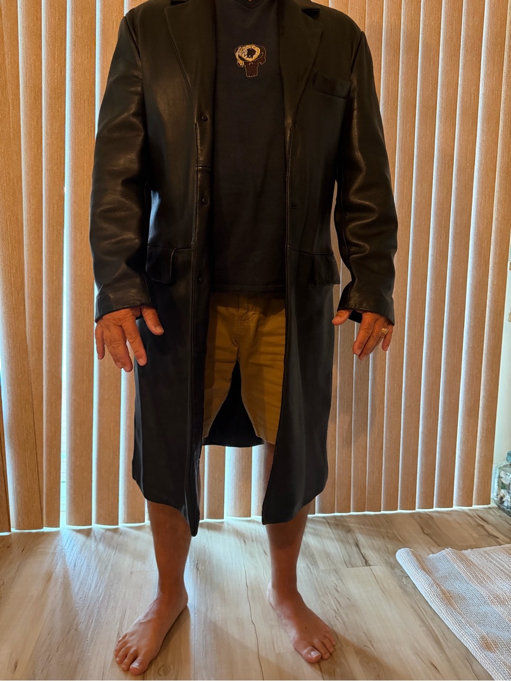Men's Black Leather Trench Coat - Classic Long Overcoat